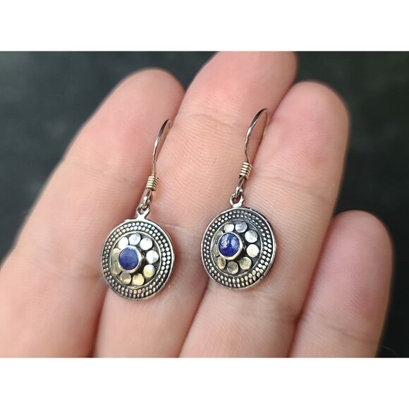 Boma 925 Sterling Silver Lapis Lazuli Dangling Floral Pierced Earrings Vintage - Picture 1 of 10